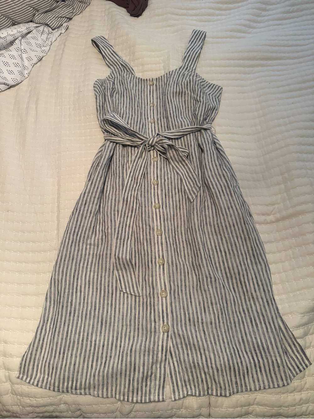 Lucky Brand Blue and White Striped Button-Front Tie-Waist Midi Dress